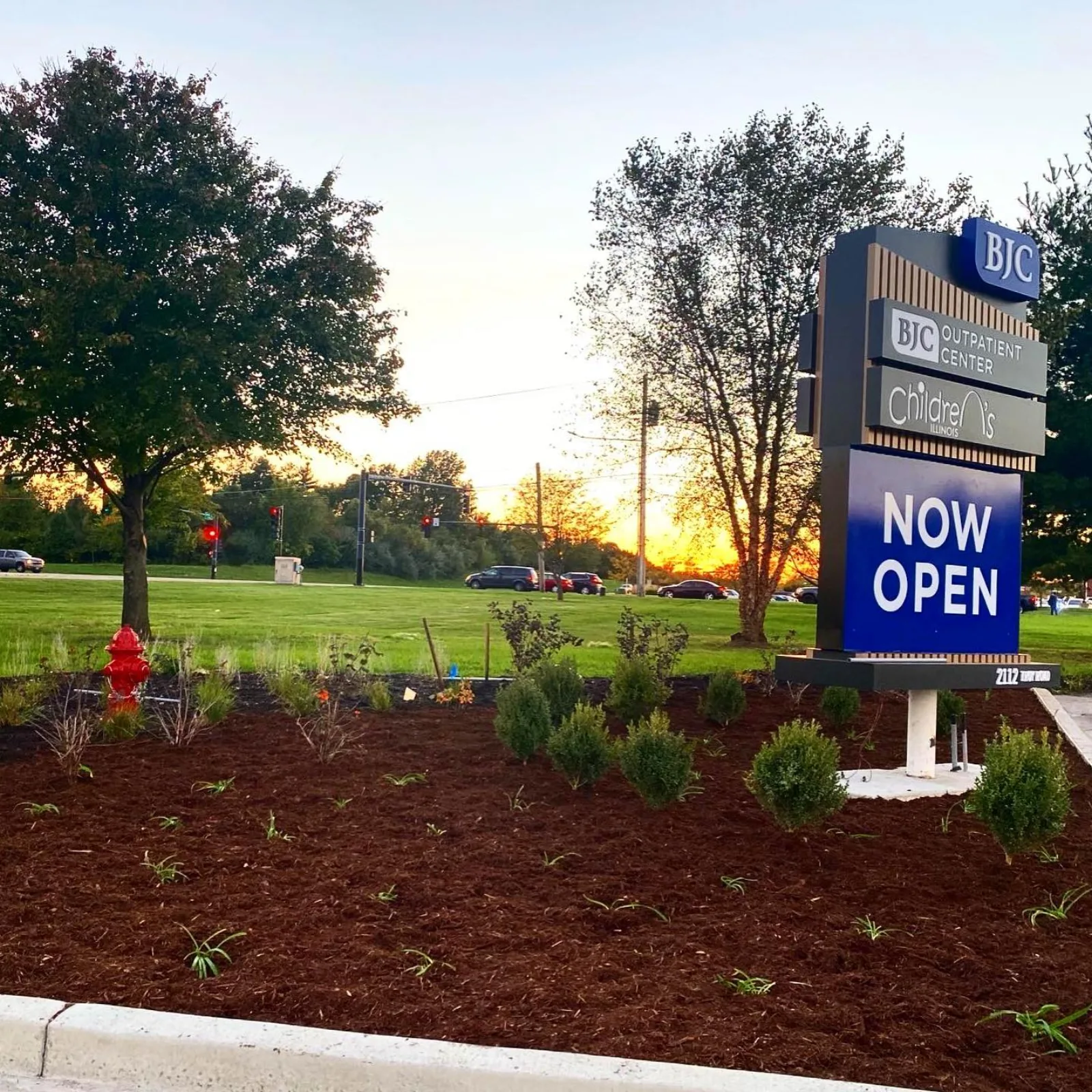 Fresh commercial planting beds and young boxwoods at a medical center entrance sign