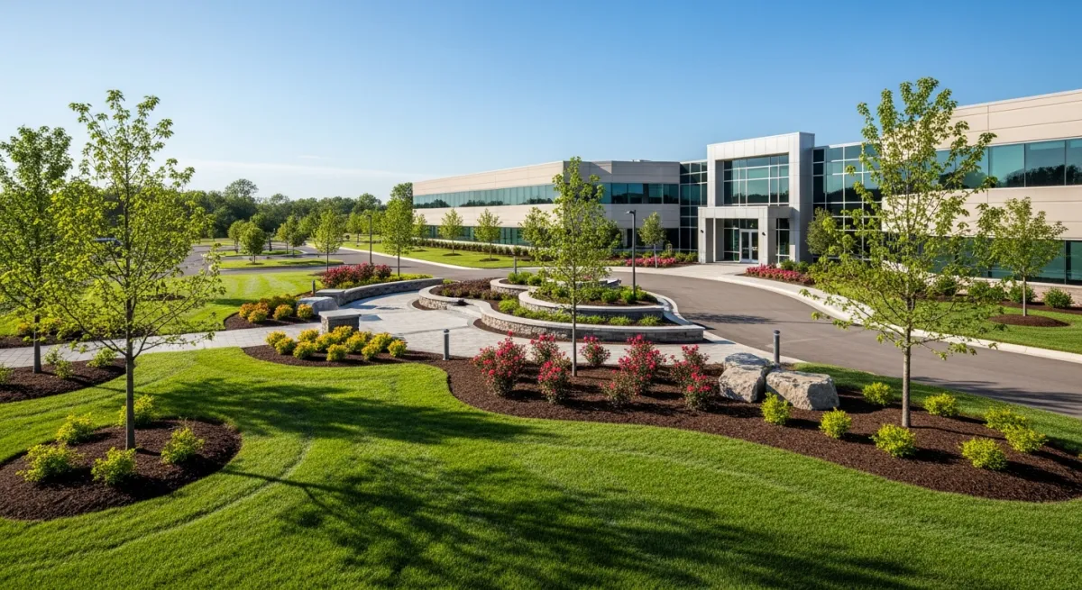 Office building entry with landscaped beds and groundcover