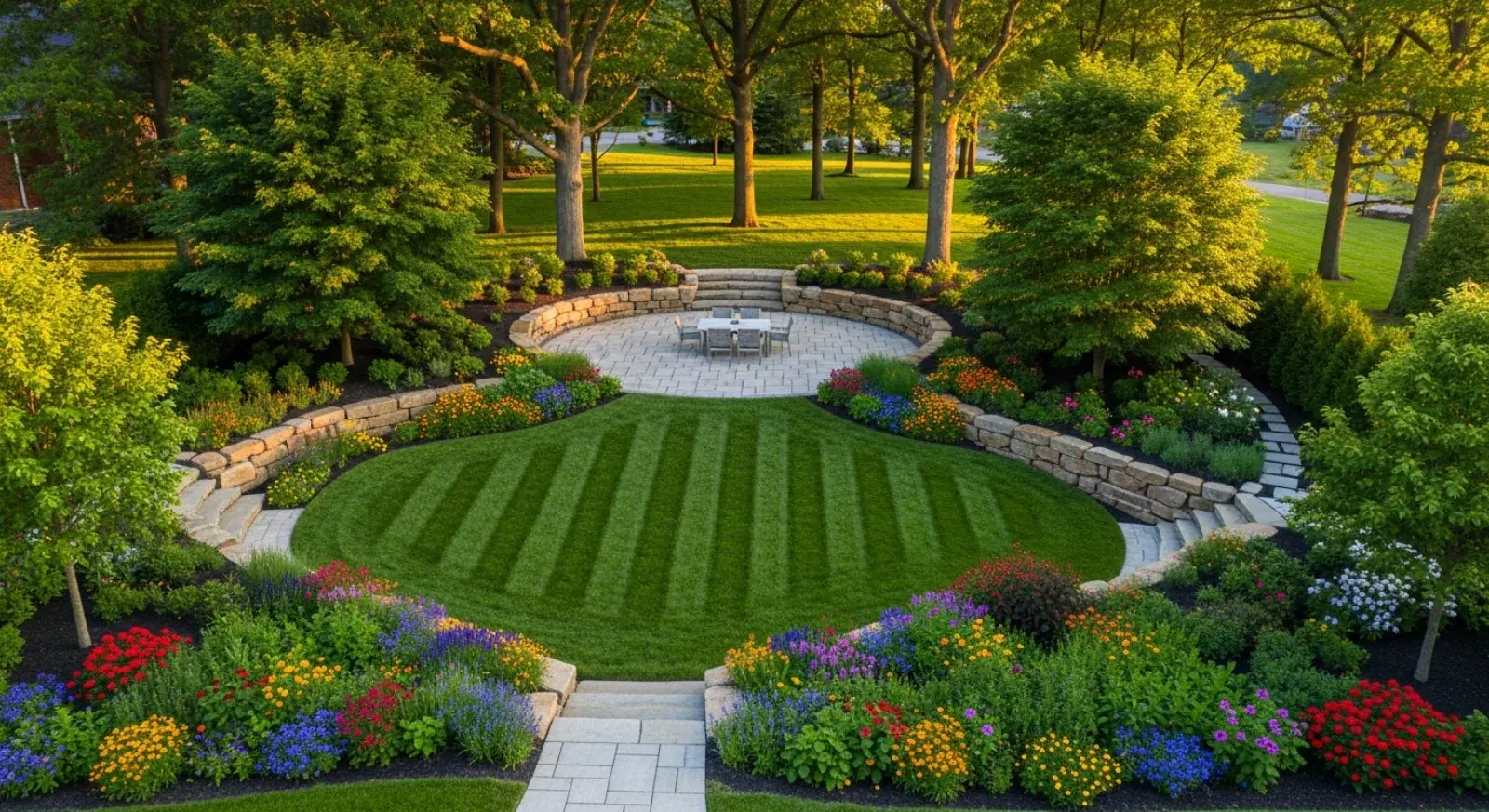 Layered flower beds, stone retaining walls, and mature shade trees in a landscaped garden